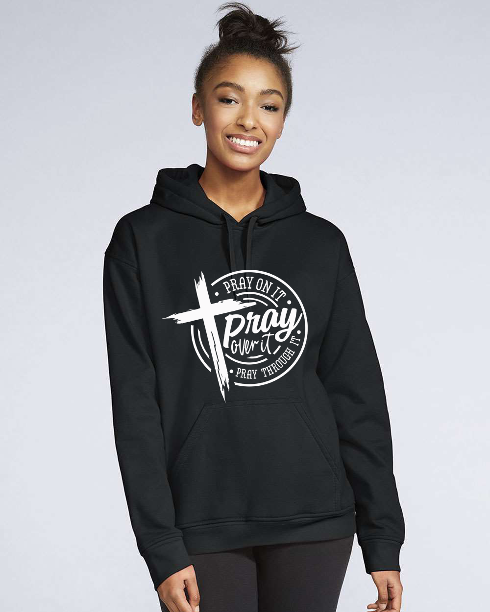 Pray On It, Pray Over It, Pray Through It Faith Hoodie