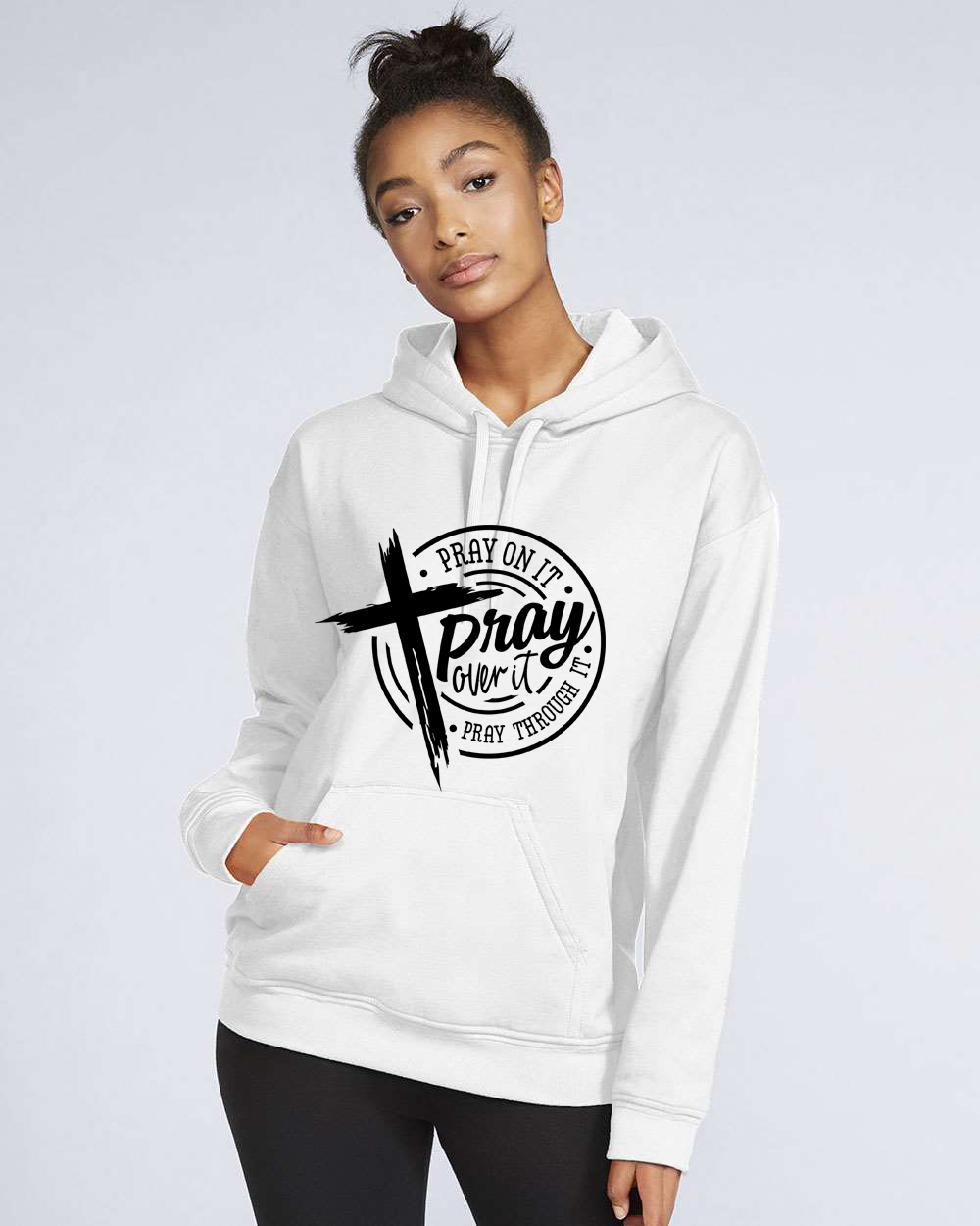 Pray On It, Pray Over It, Pray Through It Faith Hoodie